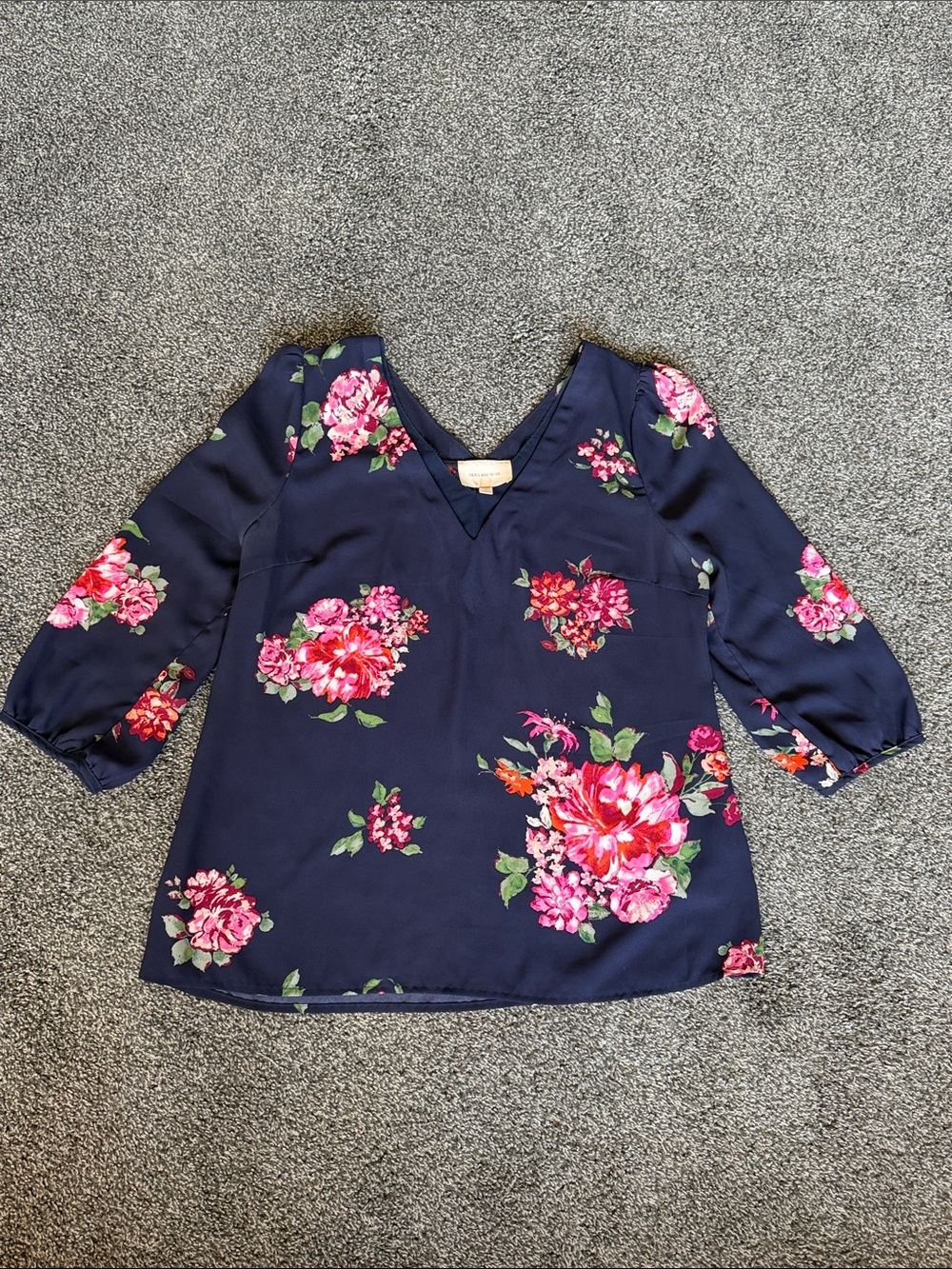 Skies Are Blue Navy Floral V-Neck Blouse with Pink Blooms